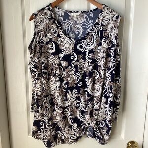 CATO: navy, white and taupe paisley pattern cold shoulder top XL